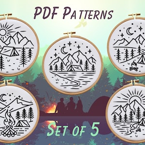 Hand Embroidery, PDF Pattern Bundle, Camping, Landscape, Mountains, 5 Hoop Sizes