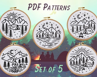 Hand Embroidery, PDF Pattern Bundle, Camping, Landscape, Mountains, 5 Hoop Sizes