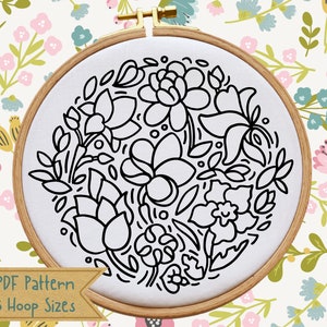 Hand Embroidery PDF Pattern, Flowers, Floral Embroidery Design, 5 Hoop Sizes