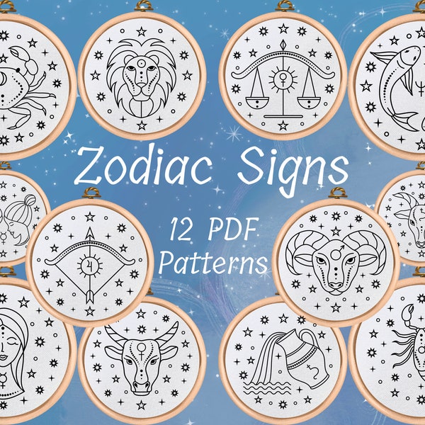 PDF Pattern - Zodiac Signs Hand Embroidery Design - Beginner Embroidery - 12 Design Bundle