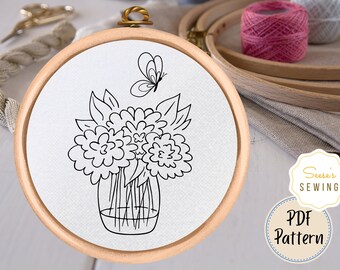 Flowers Hand Embroidery Pattern - PDF Pattern Download - Bouquet and Butterfly