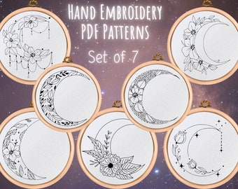 Moon Hand Embroidery Pattern Bundle, Set of 7 Floral Celestial Designs