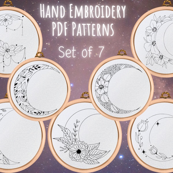 Moon Hand Embroidery Pattern Bundle - PDF Pattern Download - Floral Celestial Embroidery Designs