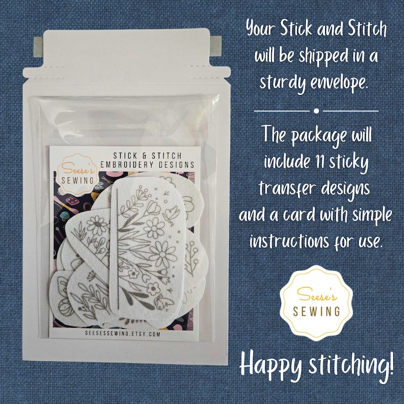 K&ouml;nnte beinhalten: Eine transparente Plastikverpackung mit floralen Stickmustern. Das Paket enth&auml;lt 11 Klebetransfermotive und eine Karte mit Anweisungen. Der Text auf der Verpackung lautet "Stick & Stitch Embroidery Designs" und "Happy stitching!"