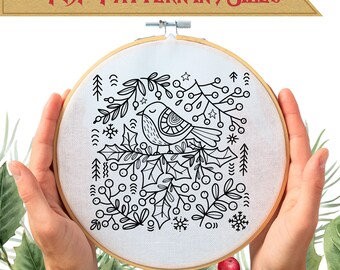 ホリデーシーズンにぴったりの鳥の手刺繍PDFパターン - すぐにダウンロード可能 - 5つのサイズをご用意