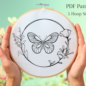 Whimsical Butterfly and Flowers Embroidery Pattern - Instant Download - 5 Hoop Sizes