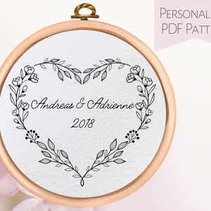 Personalized Floral Hand Embroidery Pattern - PDF Pattern Download - Wedding Gift - Anniversary Gift - Valentines
