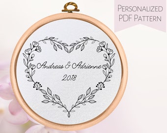 Personalized Floral Hand Embroidery Pattern - PDF Pattern Download - Wedding Gift - Anniversary Gift - Valentines