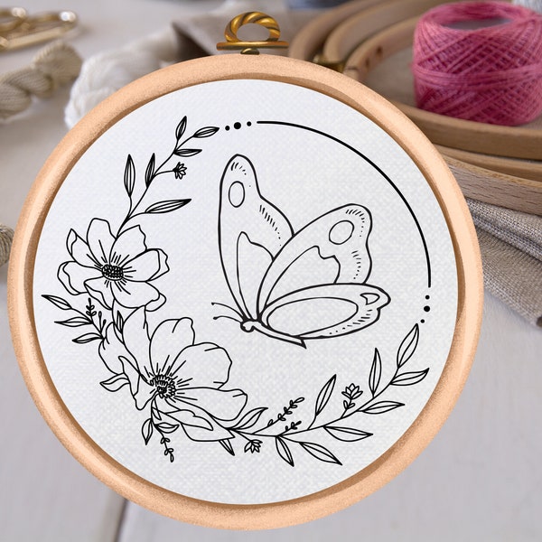 PDF Pattern - Floral Hand Embroidery Pattern - Flowers and Butterfly Design