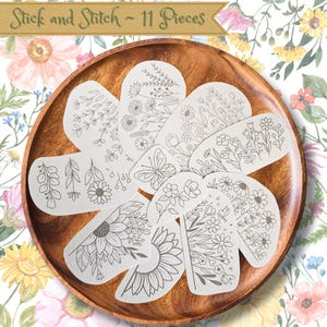 Floral Stick and Stitch Hand Embroidery Patterns: Water Soluble Set of 11