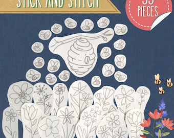 May include: A set of 33 white paper pieces for a stick and stitch craft project. The pieces include a beehive, bees, flowers, and leaves. The pieces are on a blue background.