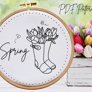 Hand Embroidery PDF Pattern, Spring, Tulips in Boots, Flower Embroidery Design
