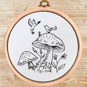 Patrón de bordado a mano de hongo - Descarga de patrón en PDF - Diseño floral de hongo - Flores y pájaros fáciles