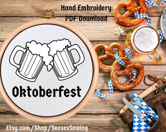 Oktoberfest Hand Embroidery Pattern - PDF Pattern - Beer Mugs - German