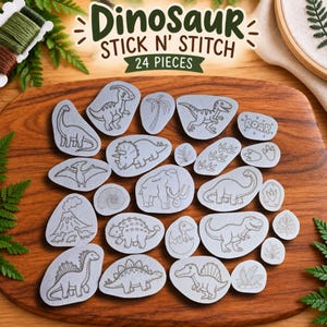 May include: A set of 24 gray adhesive embroidery stabilizer patches featuring dinosaur, prehistoric animal, and plant illustrations with the text Dinosaur Stick N' Stitch 24 Pieces printed at the top of the product packaging.