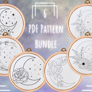 Flower Moons Hand Embroidery PDF Pattern Bundle - 6 Floral Celestial Embroidery Designs