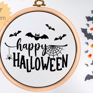 PDF Pattern - Halloween Hand Embroidery - Happy Halloween Design - Digital Download - Bats and Spiders