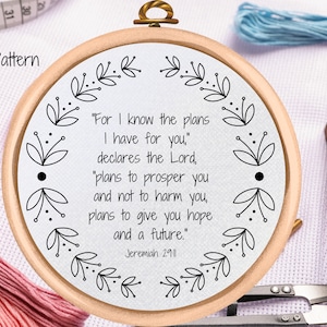 PDF Pattern - Bible Verse Hand Embroidery Pattern - Christian Floral Design - Jeremiah 29:11