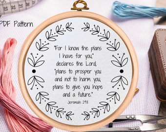 PDF Pattern - Bible Verse Hand Embroidery Pattern - Christian Floral Design - Jeremiah 29:11