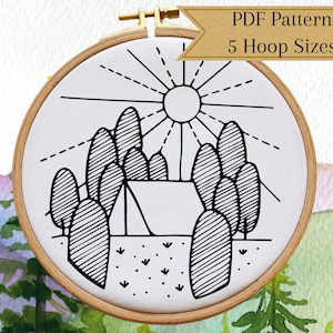 Hand Embroidery PDF Pattern, Camping in the Forest Landscape Embroidery Design