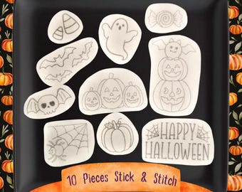 Halloween Hand Embroidery Stick and Stitch Transfers, 10 Pieces