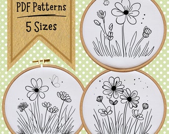 Floral Delights: Collection of 3 Hand Embroidery PDF Patterns in 5 Sizes