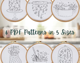 Kitchen Delight: A Set of 6 Floral Hand Embroidery PDF Patterns in 5 Sizes, Instant Download