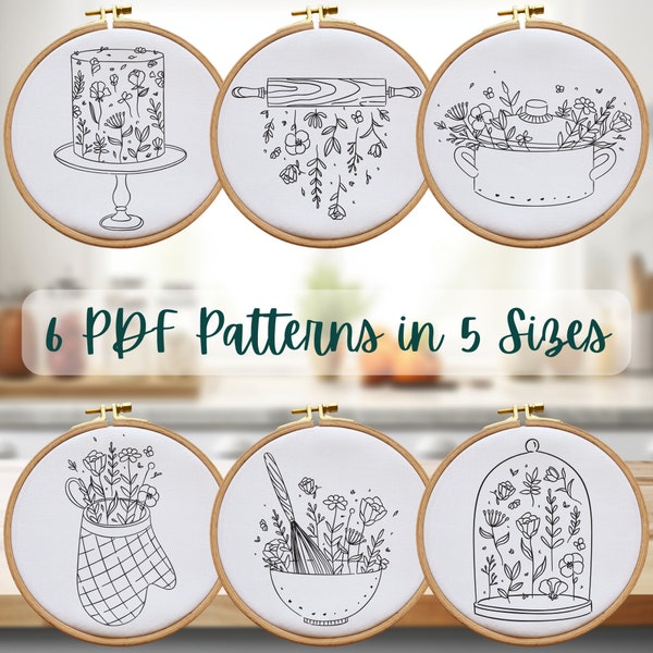 Kitchen Delight: A Set of 6 Floral Hand Embroidery PDF Patterns in 5 Sizes, Instant Download