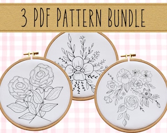 Hand Embroidery PDF Pattern Bundle, Flowers, Floral Embroidery Design Pack, Multiple Sizes