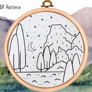 Mountain Landscape Embroidery Pattern: Trees & Night Sky (PDF Pattern)