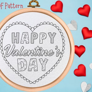 Happy Valentines Day Hand Embroidery Pattern - Digital Download