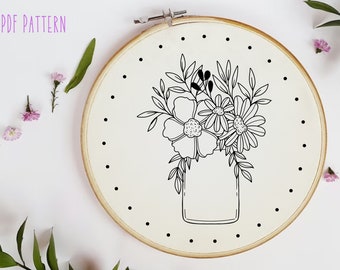 Handborduurpatroon bloemen - pdf-patroon downloaden - Wildflower Mason Jar Design - Easy Flowers