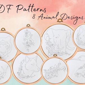 Hand Embroidery Animal Pattern Bundle - 8 Designs in 5 Sizes - Instant Download