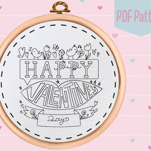 Happy Valentines Day Hand Embroidery Pattern - PDF Pattern Download - Heart Design