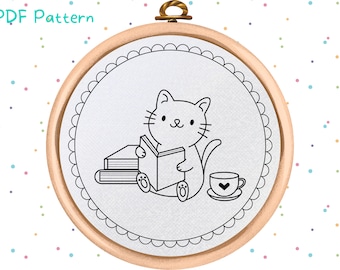 Kitty Embroidery Pattern - PDF Pattern - Reading Cat Design - Kids - Books - Cat