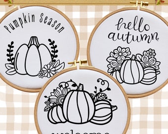 Festive Fall Stitching: Three Pumpkin Themed Hand Embroidery PDF Patterns in Five Sizes