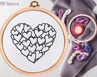 Hearts Hand Embroidery Design - PDF Pattern - Beginner Embroidery