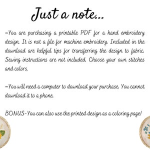 May include: Printable PDF embroidery pattern for a hand embroidery design. The image shows two examples of the design, one with sunflowers and the other with blue flowers. The text states that the design is not for machine embroidery and includes helpful tips for transferring the design to fabric. It also states that sewing instructions are not included and that the buyer can choose their own stitches and colours.