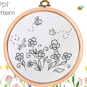 Blumen und Bienen Handstickerei-Muster: Blumenmuster (PDF-Muster)