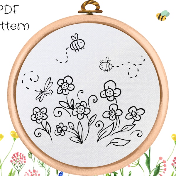 Flowers and Bees Hand Embroidery Pattern - PDF Pattern Download - Floral Embroidery Design
