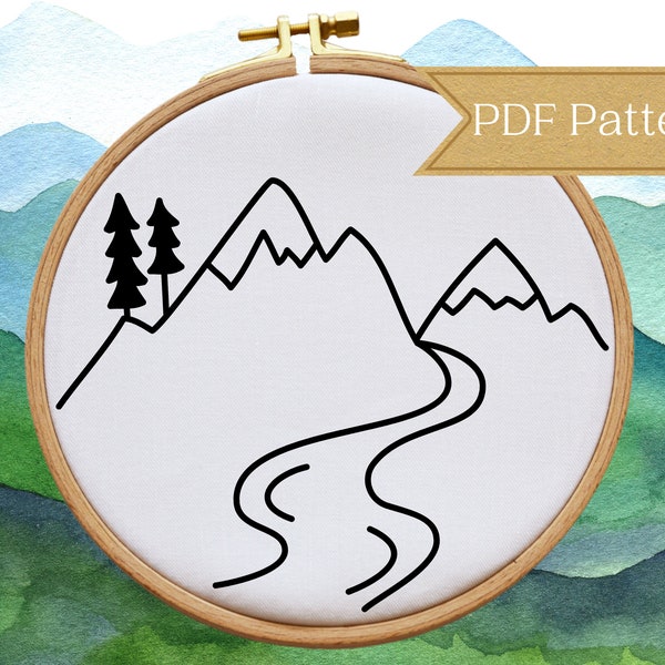 Hand Embroidery PDF Pattern, Mountain and River Pattern, Landscape Embroidery