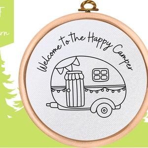 PDF Pattern - Happy Camper Hand Embroidery Design - Camping - Beginner Embroidery