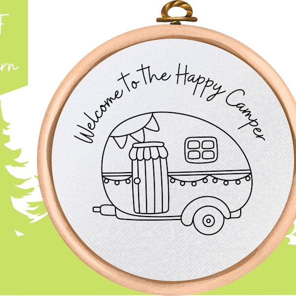 PDF Pattern - Happy Camper Hand Embroidery Design - Camping - Beginner Embroidery