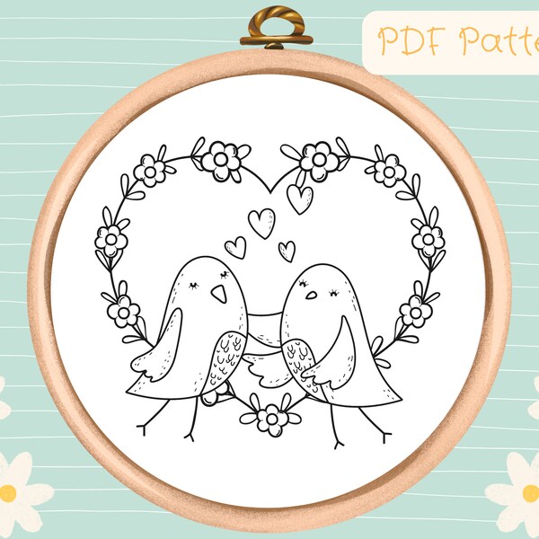 Love Birds Hand Embroidery Pattern - PDF Pattern Download - Flowers and Birds Embroidery