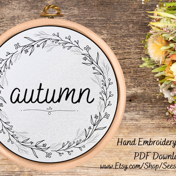 PDF Pattern - Autumn Embroidery Pattern - Autumn Design - Fall Wreath Hand Embroidery Design