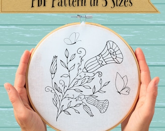 DIY Whimsical Floral Hand Embroidery: Instant Download PDF Pattern in 5 Sizes