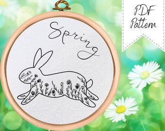 Handborduurpatroon lente konijn bloemen (pdf-patroon)