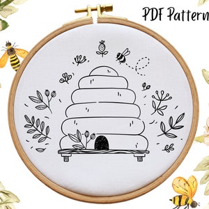 Hand Embroidery PDF Pattern, Beehive, Bees, Flowers