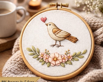 PDF-patroon handborduurwerk - vogels en bloemen - digitale download