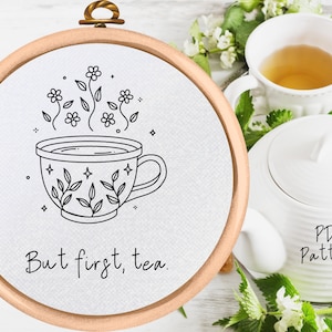 Tea Cup Embroidery Pattern: Floral Kitchen Decor (PDF Pattern)